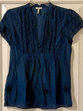 Joie Navy Blue Embroidered Pintuck Cotton/Silk Top Size Small
